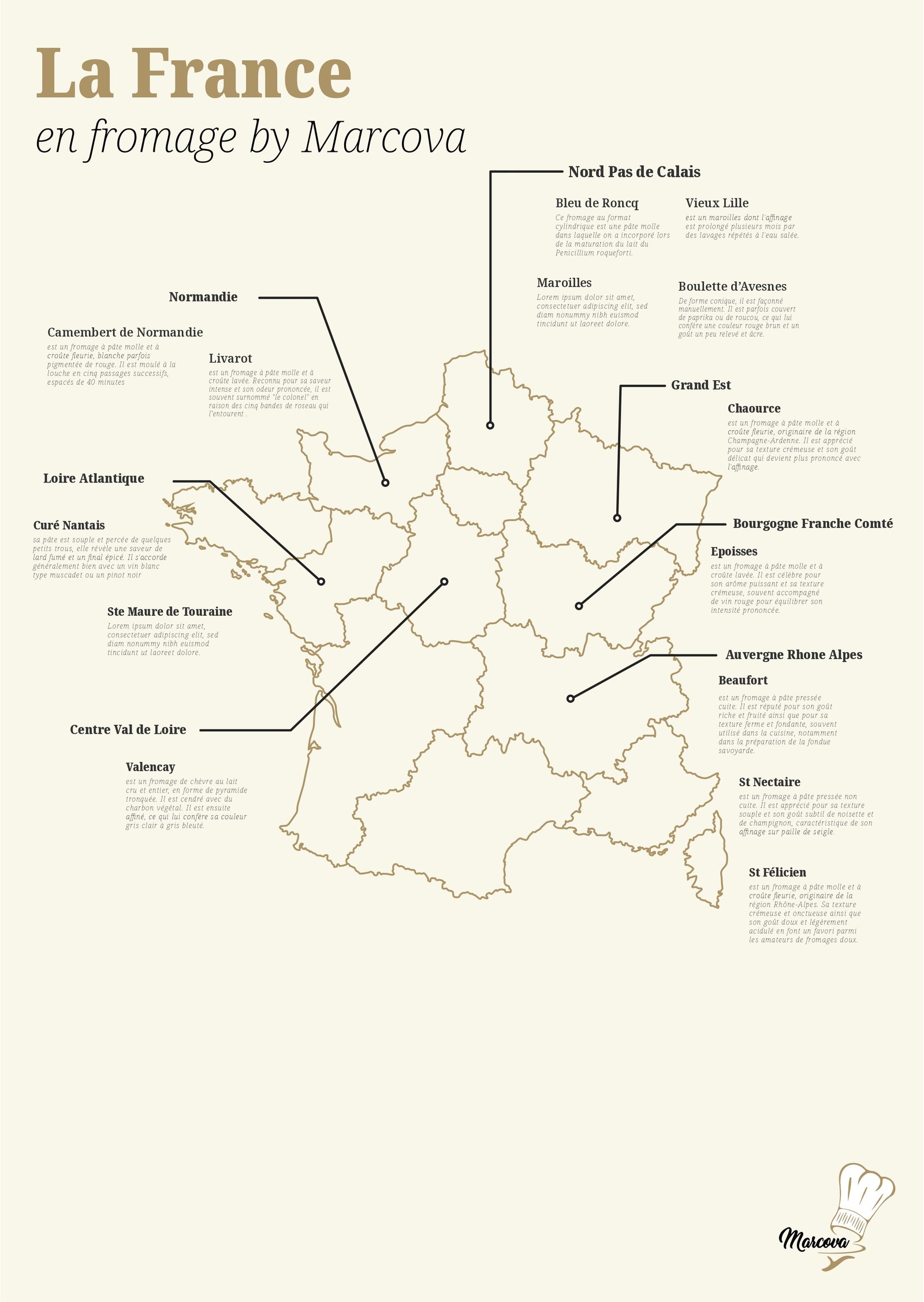 Affiche illustrée « La France en fromage » pour Marcova